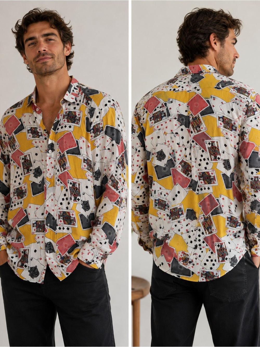 Topman Button-Down Shirt in White, Yellow, Red and Black Playing Card Print